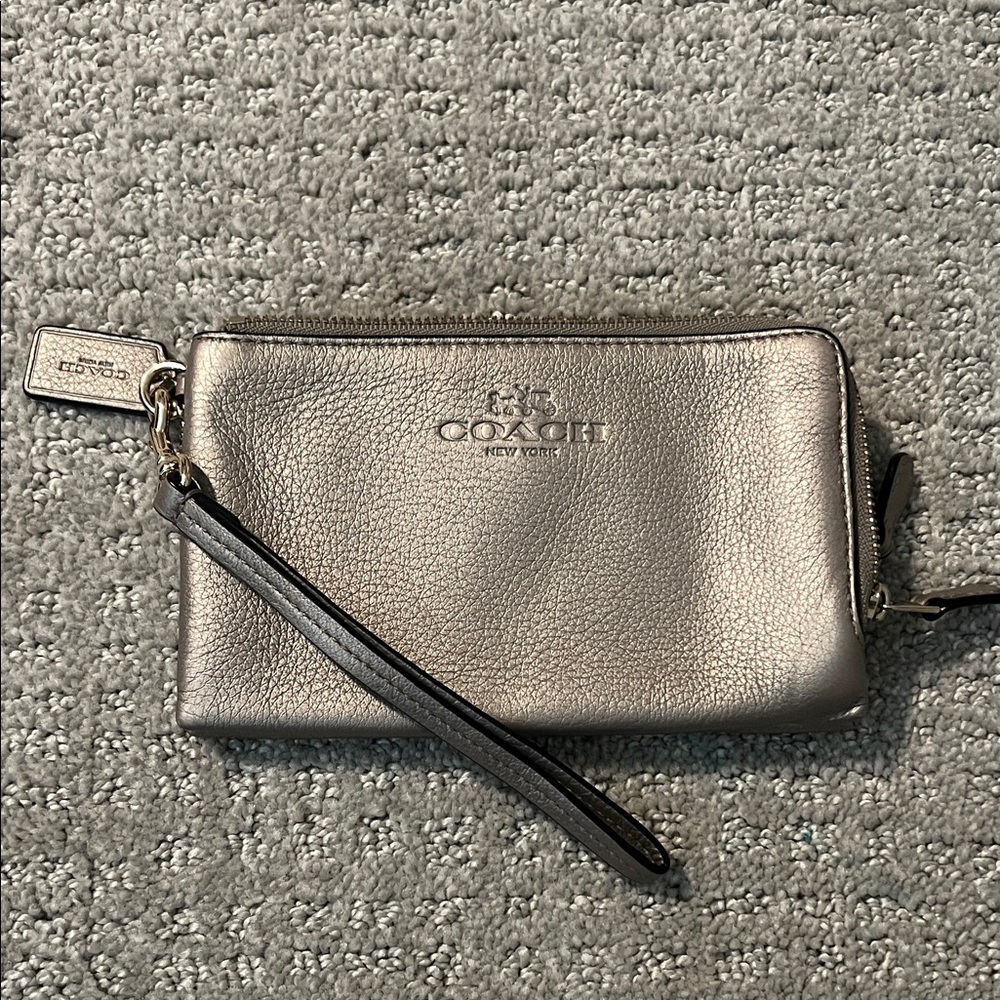 Coach Silver Wristlet with Black Strap
